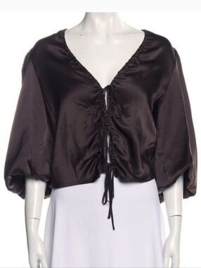 NICHOLAS Brown Silk Drawstring V-Neck Puff Sleeve Blouse